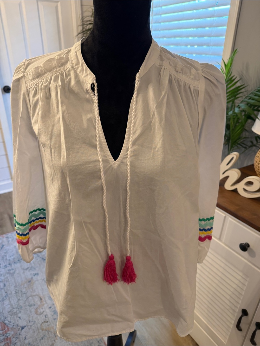 crown & ivy White Tunic with Pink Tassels and Colorful Sleeve Trim